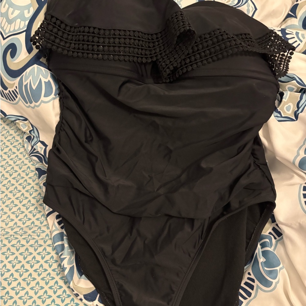 Kona sol Black Swimsuit with Gold Accent and ruffles